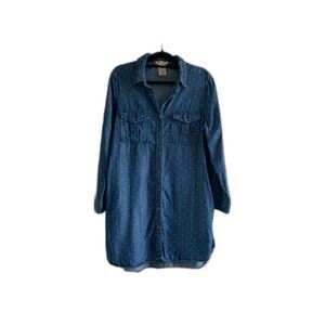 Philosophy Women Shirt Dress Size L Blue Polka Dot Roll-Tab Sleeves Western